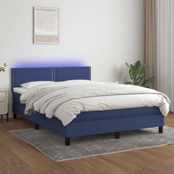 vidaXL Lova su spyruoklėmis/čiužiniu/LED, mėlyna, 140x190 cm, audinys