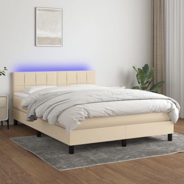 vidaXL Lova su spyruoklėmis/čiužiniu/LED, kreminė, 140x190 cm, audinys