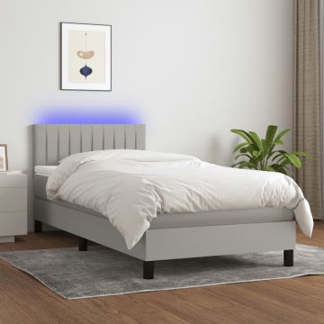 vidaXL Lova su spyruoklėmis/čiužiniu/LED, pilka, 90x200 cm, audinys