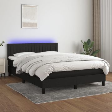 vidaXL Lova su spyruoklėmis/čiužiniu/LED, juoda, 140x190 cm, audinys