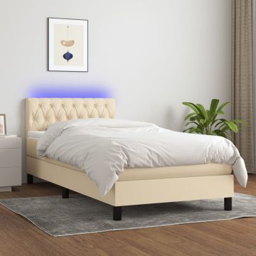 vidaXL Lova su spyruoklėmis/čiužiniu/LED, kreminė, 90x190 cm, audinys