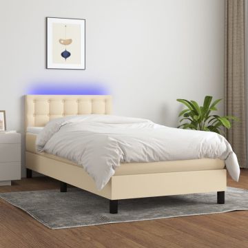 vidaXL Lova su spyruoklėmis/čiužiniu/LED, kreminė, 90x200 cm, audinys