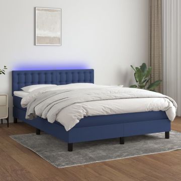 vidaXL Lova su spyruoklėmis/čiužiniu/LED, mėlyna, 140x190 cm, audinys