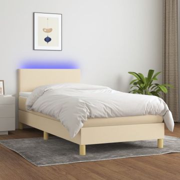 vidaXL Lova su spyruoklėmis/čiužiniu/LED, kreminė, 90x190 cm, audinys