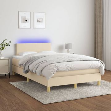 vidaXL Lova su spyruoklėmis/čiužiniu/LED, kreminė, 120x200cm, audinys
