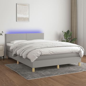 vidaXL Lova su spyruoklėmis/čiužiniu/LED, pilka, 140x200 cm, audinys