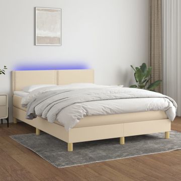 vidaXL Lova su spyruoklėmis/čiužiniu/LED, kreminė, 140x190 cm, audinys