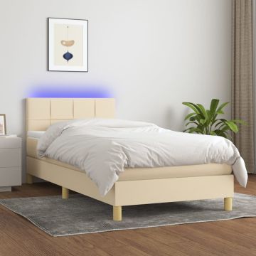 vidaXL Lova su spyruoklėmis/čiužiniu/LED, kreminė, 90x200 cm, audinys