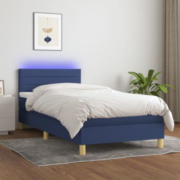 vidaXL Lova su spyruoklėmis/čiužiniu/LED, mėlyna, 90x200 cm, audinys