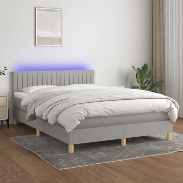 vidaXL Lova su spyruoklėmis/čiužiniu/LED, pilka, 140x190 cm, audinys