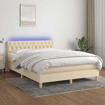 vidaXL Lova su spyruoklėmis/čiužiniu/LED, kreminė, 140x190 cm, audinys