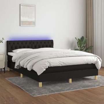 vidaXL Lova su spyruoklėmis/čiužiniu/LED, juoda, 140x200 cm, audinys