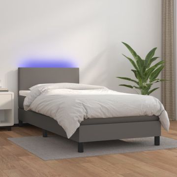 vidaXL Lova su spyruoklėmis/čiužiniu/LED, pilka, 90x190cm dirbtinė oda