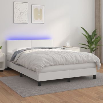 vidaXL Lova su spyruoklėmis/čiužiniu/LED, balta 140x200cm dirbtinė oda