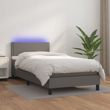 vidaXL Lova su spyruoklėmis/čiužiniu/LED, pilka 100x200cm dirbtinė oda