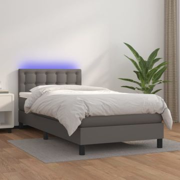 vidaXL Lova su spyruoklėmis/čiužiniu/LED, pilka, 90x190cm dirbtinė oda