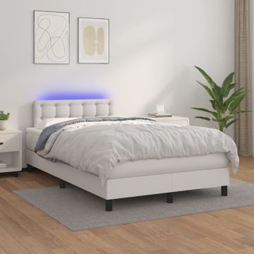vidaXL Lova su spyruoklėmis/čiužiniu/LED, balta 120x200cm dirbtinė oda