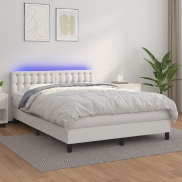 vidaXL Lova su spyruoklėmis/čiužiniu/LED, balta 140x190cm dirbtinė oda