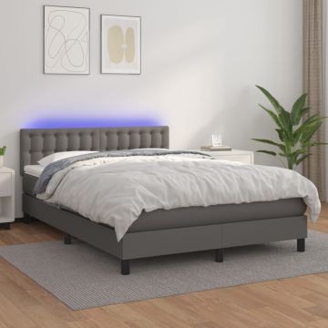 vidaXL Lova su spyruoklėmis/čiužiniu/LED, pilka 140x200cm dirbtinė oda