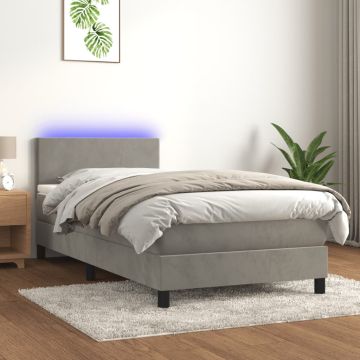 vidaXL Lova su spyruokliniu/čiužiniu/LED, šviesiai pilka, 100x200 cm, aksomas