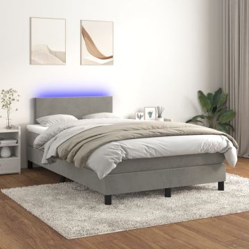 vidaXL Lova su spyruokliniu/čiužiniu/LED, šviesiai pilka, 120x200cm, aksomas