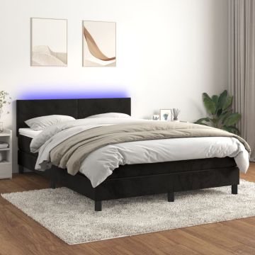 vidaXL Lova su spyruokliniu/čiužiniu/LED, juoda, 140x200cm, aksominė
