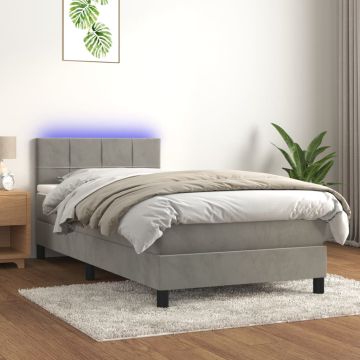 vidaXL Lova su spyruokliniu/čiužiniu/LED, šviesiai pilka, 90x190 cm, aksomas