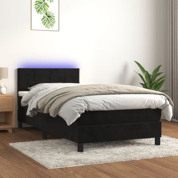 vidaXL Lova su spyruokliniu/čiužiniu/LED, juoda, 90x200 cm, aksominė