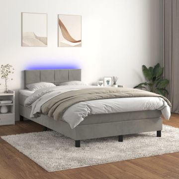vidaXL Lova su spyruokliniu/čiužiniu/LED, šviesiai pilka, 120x200cm, aksomas