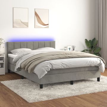 vidaXL Lova su spyruokliniu/čiužiniu/LED, šviesiai pilka, 140x190 cm, aksomas