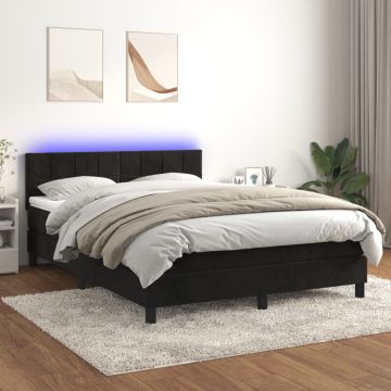 vidaXL Lova su spyruokliniu/čiužiniu/LED, juoda, 140x200cm, aksominė