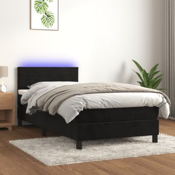 vidaXL Lova su spyruokliniu/čiužiniu/LED, juoda, 90x200 cm, aksominė