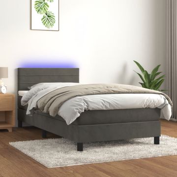 vidaXL Lova su spyruokliniu/čiužiniu/LED, tamsiai pilka, 100x200 cm, aksomas