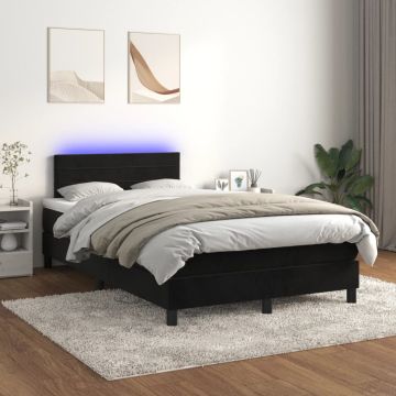 vidaXL Lova su spyruokliniu/čiužiniu/LED, juoda, 120x200cm, aksominė