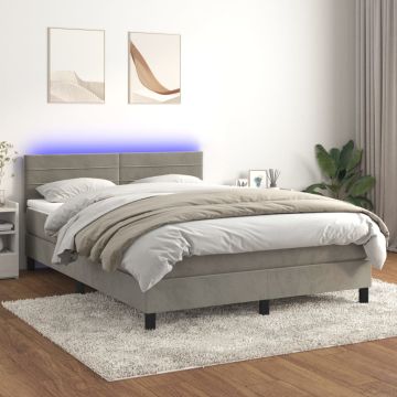 vidaXL Lova su spyruokliniu/čiužiniu/LED, šviesiai pilka, 140x190 cm, aksomas