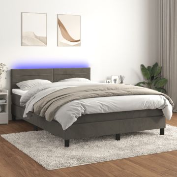 vidaXL Lova su spyruokliniu/čiužiniu/LED, tamsiai pilka, 140x190 cm, aksomas