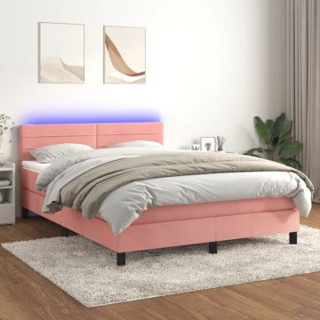 vidaXL Lova su spyruokliniu/čiužiniu/LED, rožinė, 140x190 cm, aksomas