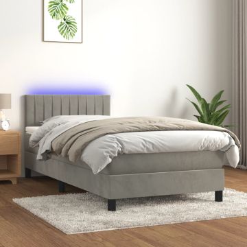 vidaXL Lova su spyruokliniu/čiužiniu/LED, šviesiai pilka, 90x190 cm, aksomas