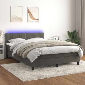 vidaXL Lova su spyruokliniu/čiužiniu/LED, tamsiai pilka, 140x190 cm, aksomas