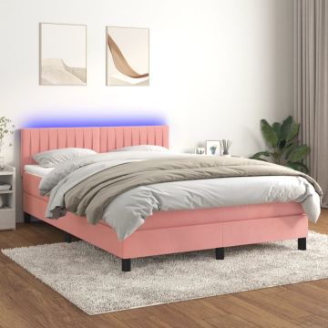 vidaXL Lova su spyruokliniu/čiužiniu/LED, rožinė, 140x190 cm, aksomas