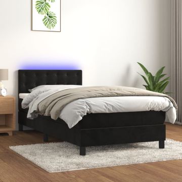 vidaXL Lova su spyruokliniu/čiužiniu/LED, juoda, 90x190 cm, aksominė
