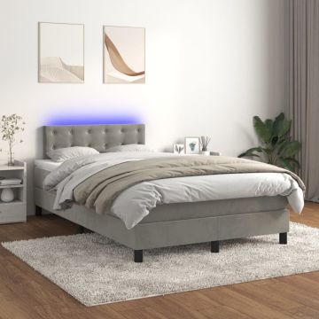 vidaXL Lova su spyruokliniu/čiužiniu/LED, šviesiai pilka, 120x200cm, aksomas