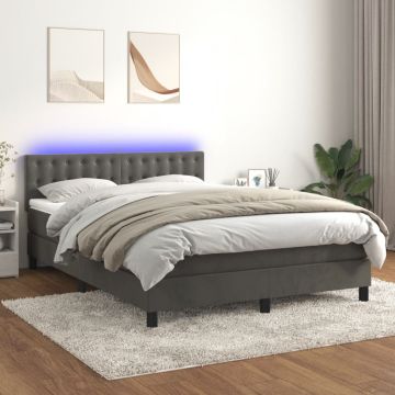 vidaXL Lova su spyruokliniu/čiužiniu/LED, tamsiai pilka, 140x200cm, aksomas