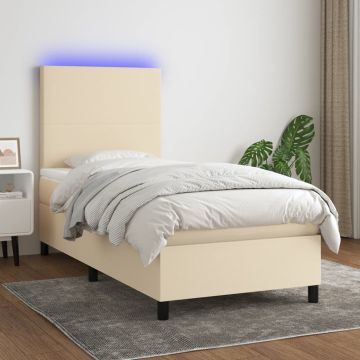 vidaXL Lova su spyruoklėmis/čiužiniu/LED, kreminė, 100x200 cm, audinys
