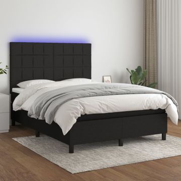 vidaXL Lova su spyruoklėmis/čiužiniu/LED, juoda, 140x190 cm, audinys