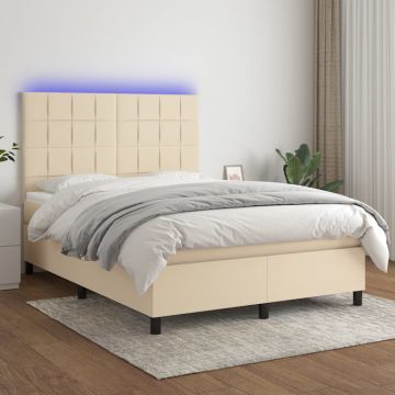vidaXL Lova su spyruoklėmis/čiužiniu/LED, kreminė, 140x190 cm, audinys