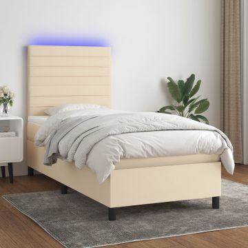 vidaXL Lova su spyruoklėmis/čiužiniu/LED, kreminė, 90x190 cm, audinys