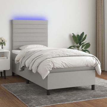 vidaXL Lova su spyruoklėmis/čiužiniu/LED, pilka, 90x200 cm, audinys