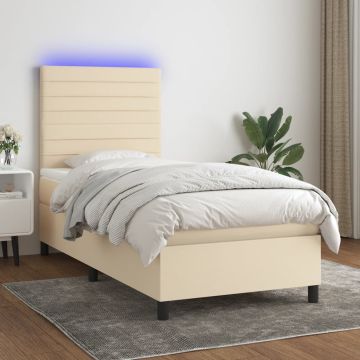 vidaXL Lova su spyruoklėmis/čiužiniu/LED, kreminė, 100x200 cm, audinys