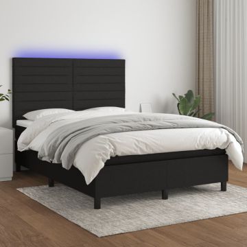 vidaXL Lova su spyruoklėmis/čiužiniu/LED, juoda, 140x190 cm, audinys
